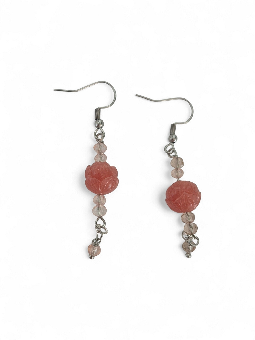Hanfcrafted Pink Lotus Flower And Glass Bead Dangle Earrings - Picture 4 of 4
